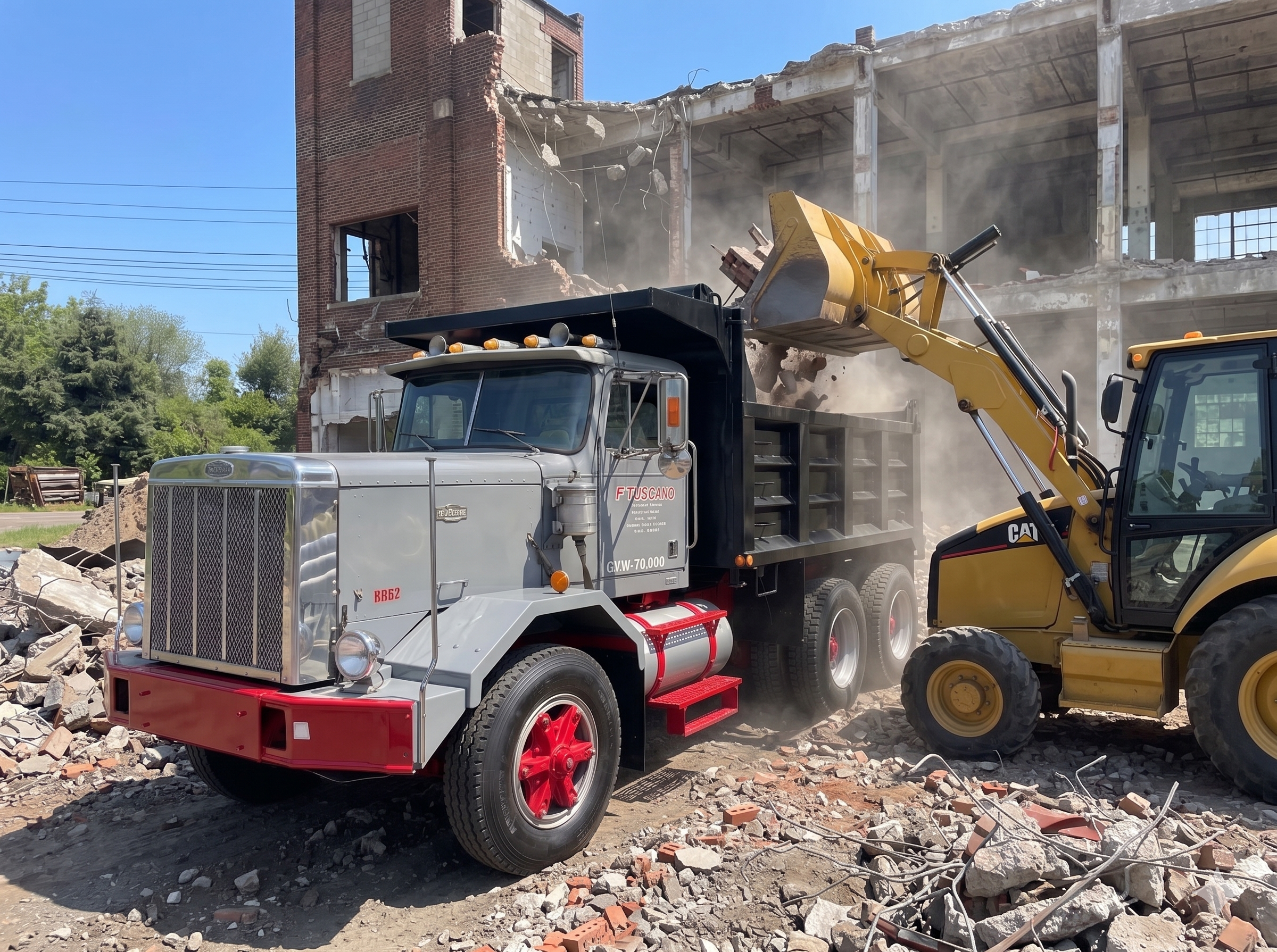 Demolition debris loaded into a Tuscano dump truck
