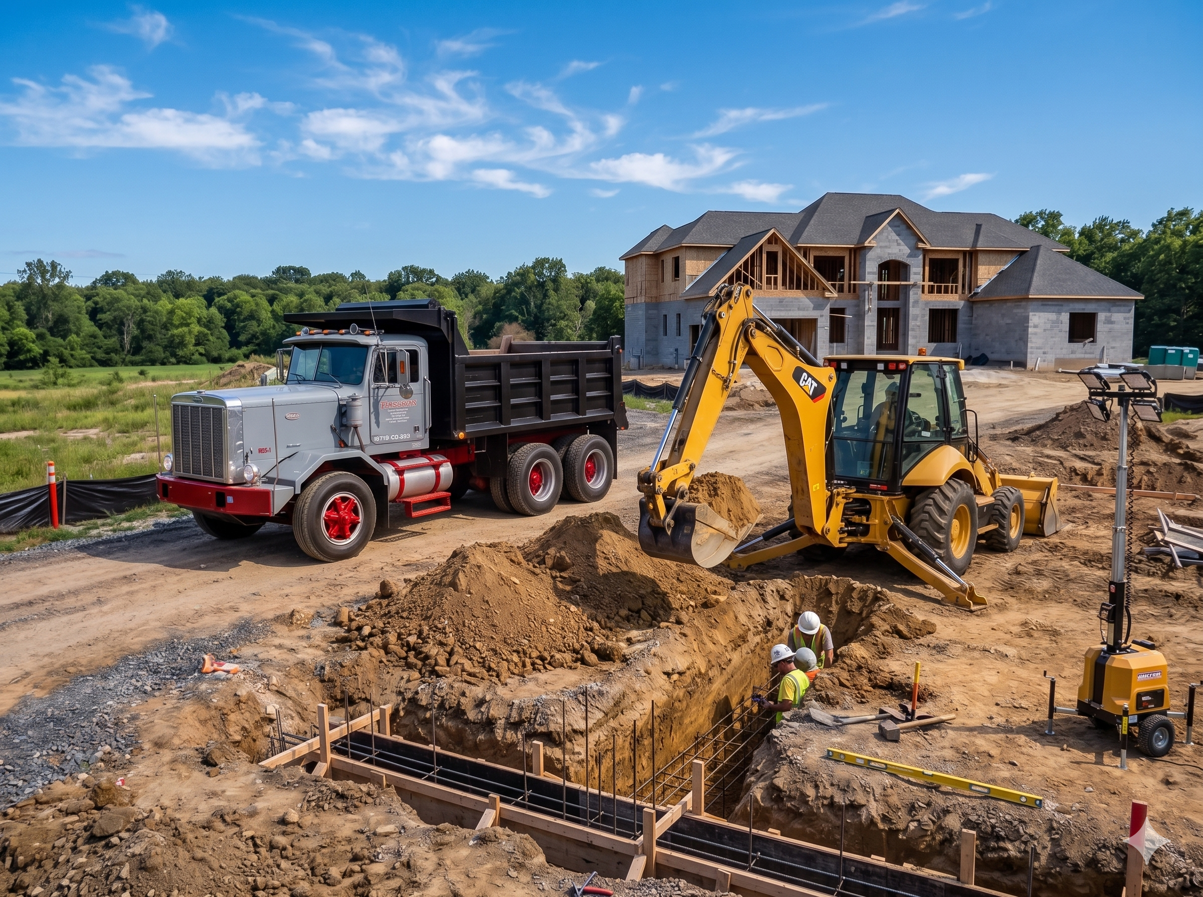 Foundation trench work at a residential construction site