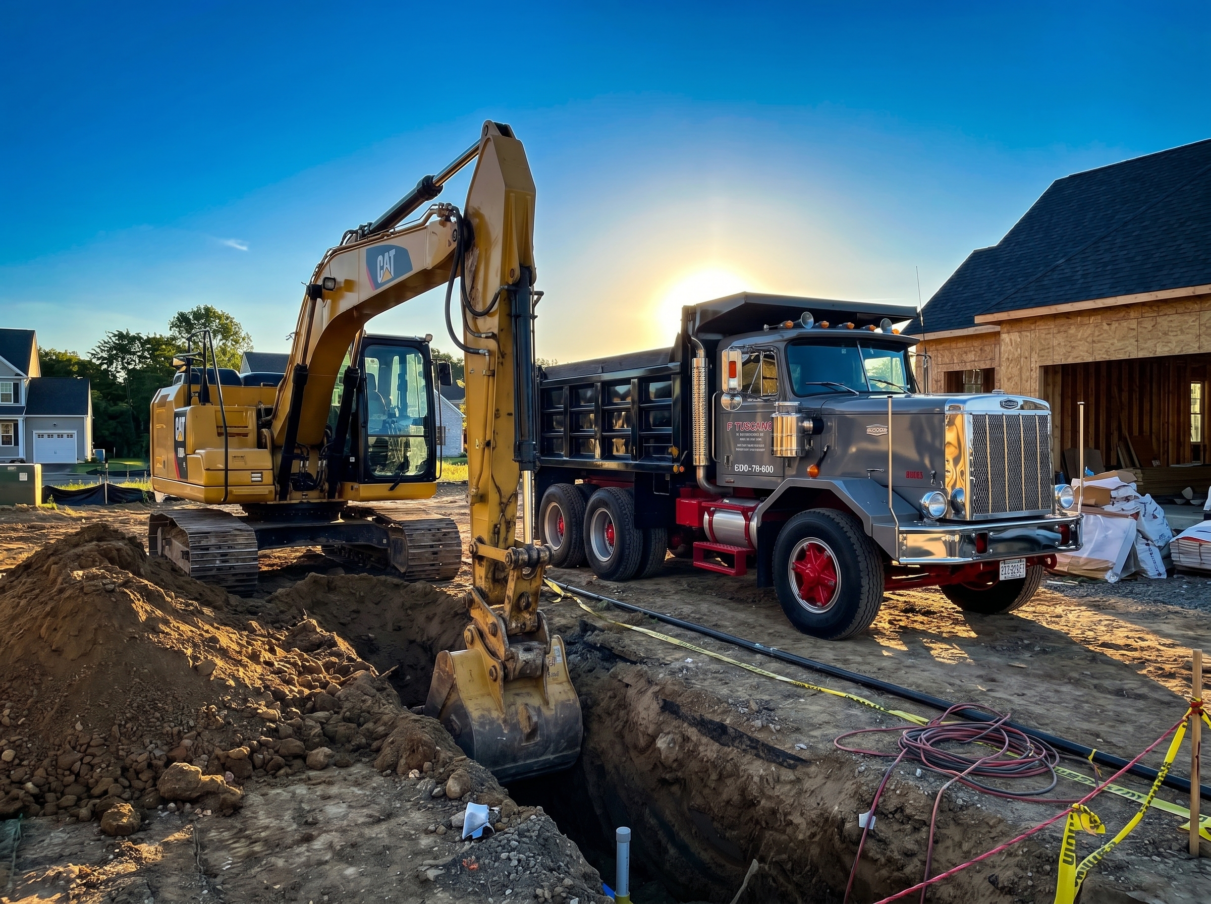 Sewer line excavation at sunset beside a home under construction