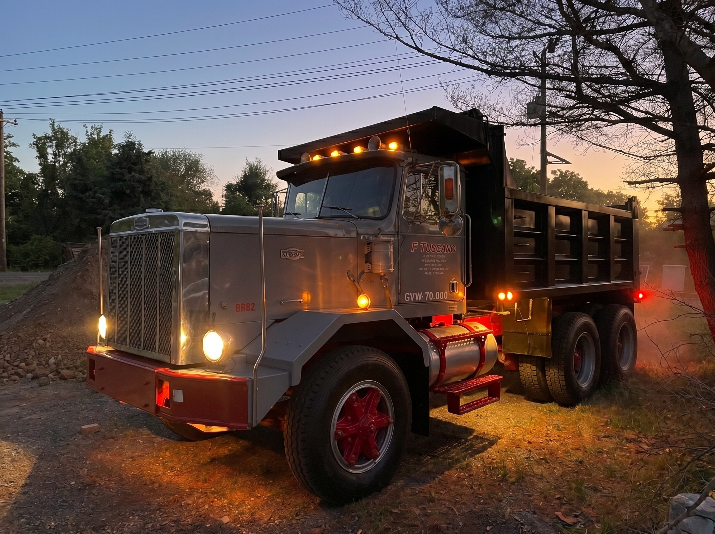 Tuscano Autocar truck with headlights on at the yard