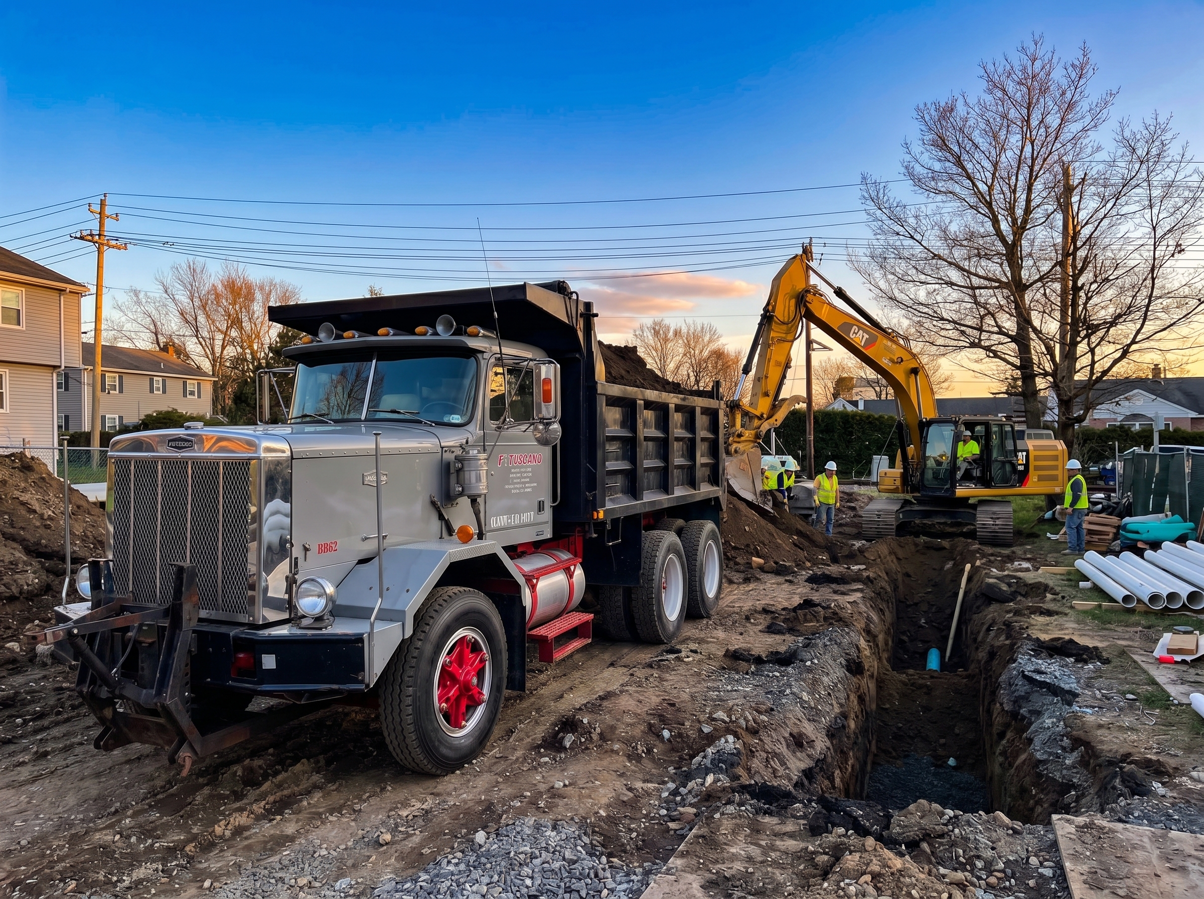 Water main trench with blue pipe at a residential excavating job